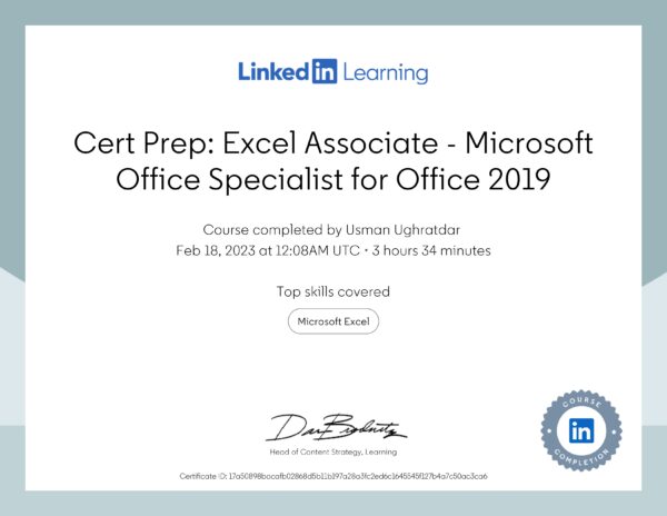 Certificate Of Completion-Cert Prep: Excel Associate - Microsoft Office Specialist for Office 2019