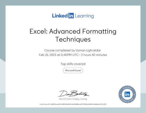 Certificate Of Completion-Excel: Advanced Formatting Techniques