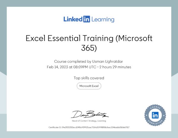 Certificate Of Completion-Excel Essential Training (Microsoft 365)
