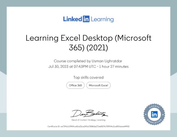 Certificate Of Completion-Learning Excel Desktop Microsoft-365 (2021)