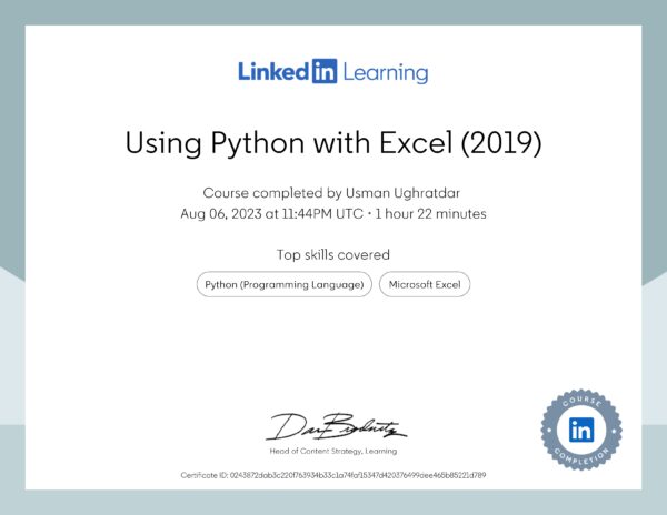 Certificate Of Completion-Using Python with Excel 2019