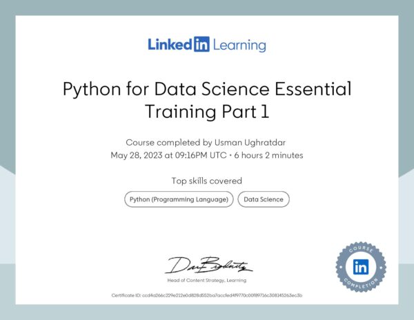 Certificate Of Completion-Python for Data Science Essential Training Part 1